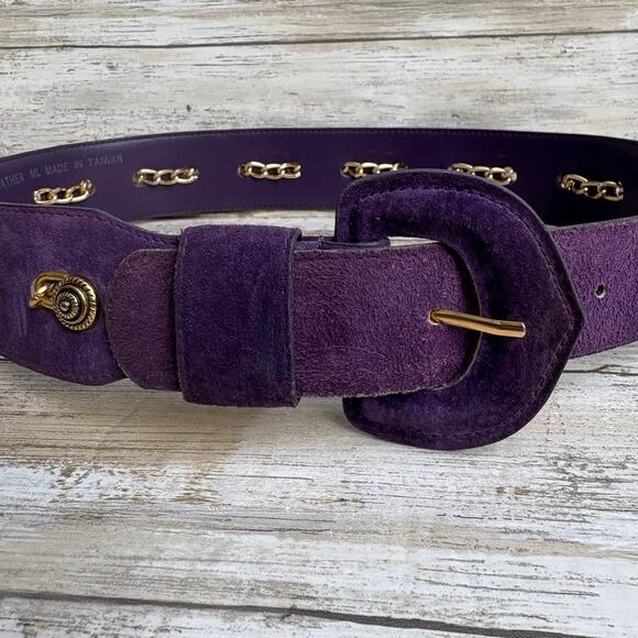 VTG Loring & Paige Suede Belt Sz ML Purple Gold Chunky Chainlink Adjustable 80s - Picture 6 of 12